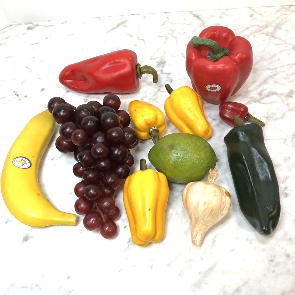 Plastic Vegetables Fruit Lot of 11 Realistic Life Sized Bowl Filler Kitchen Vtg